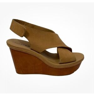 Lucky Brand Odalia Wedges Sz 7.5 Brown Leather Wooden Heels Shoes Sandals